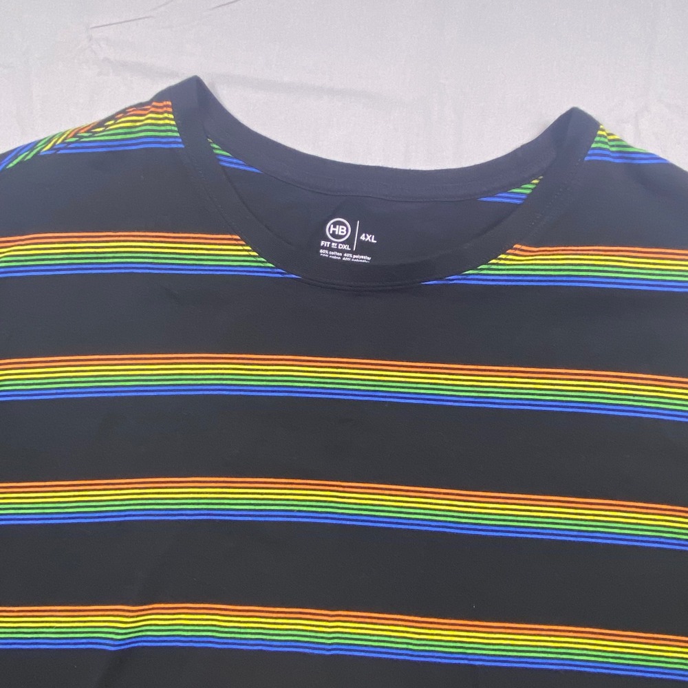 HB Fit by DXL T-Shirt Men 4XL Black Cotton Rainbow Striped Crew Neck Casual